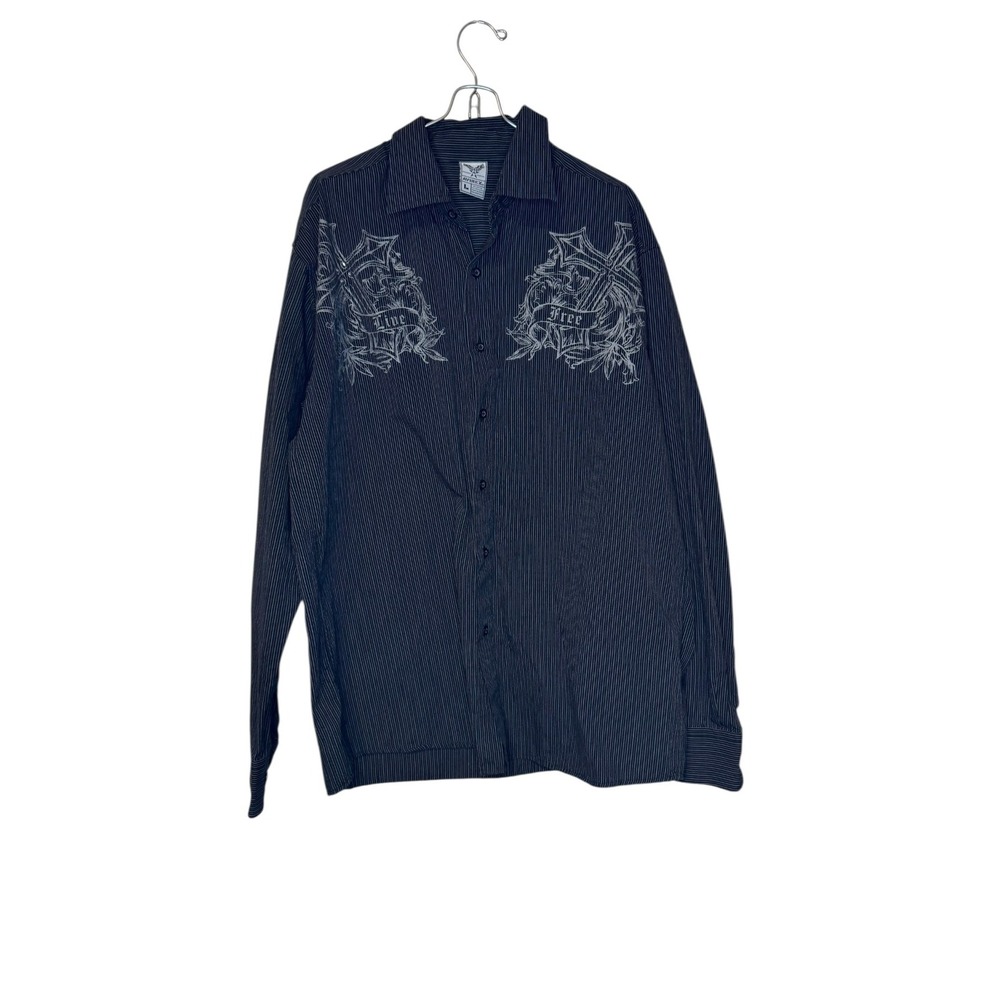 Avirex Men's Dress Shirts Jeweled Pinstripe Long Sleeve Button-Up Black Large
